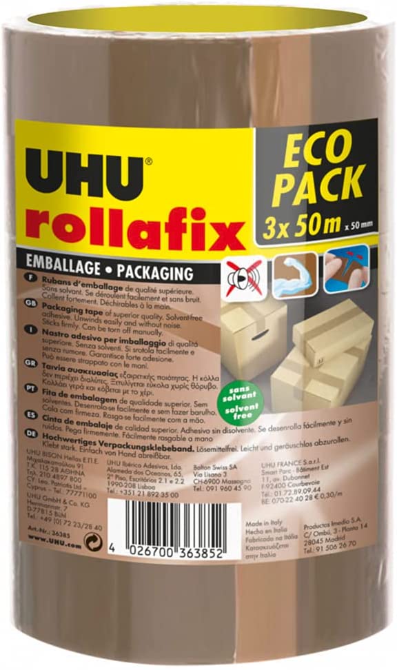 UHU Rollafix Rubans adhésif d emballage brun lot 3 rubans 50m x 50mm