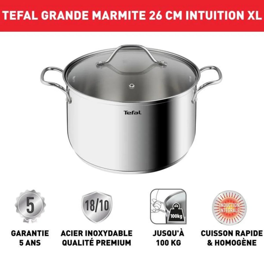 TEFAL Marmite 26 cm 6,5 L inox -Tous feux dont induction - Le CrocoDeal