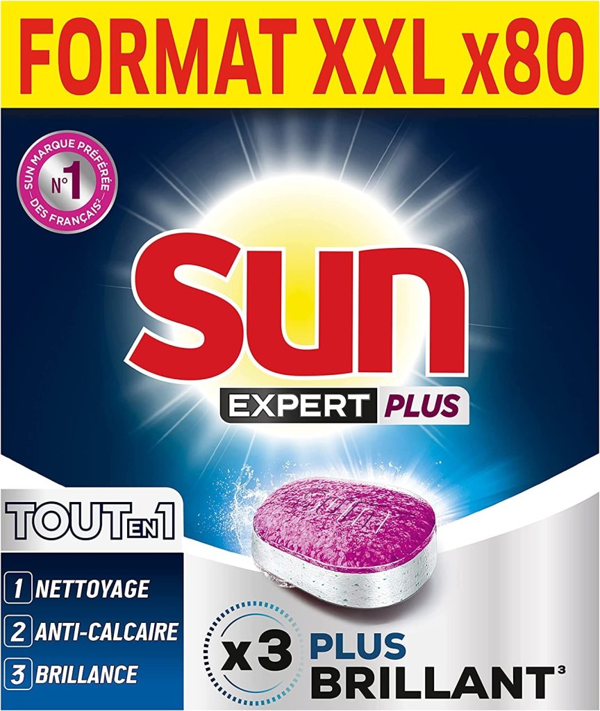 Deal Amazon : Sun Tablettes Lave-Vaisselle Tout-en-1 Expert Plus Brillance 80 Lavages