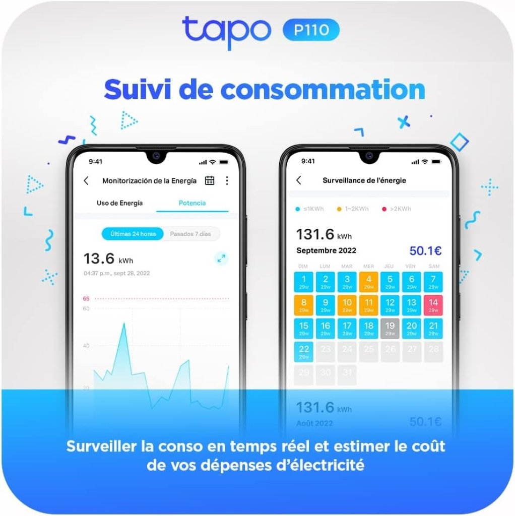 Tapo Prise Connectée WiFi, Suivi de consommation, 16A Type E