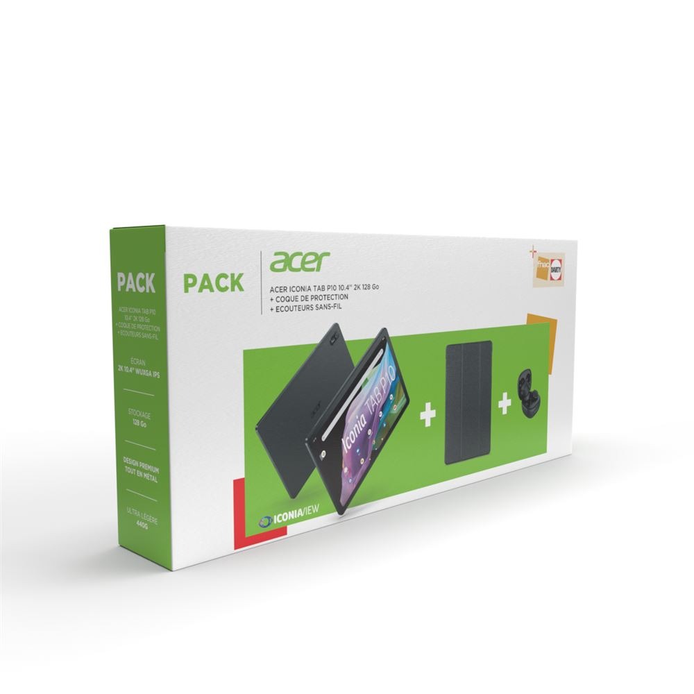 Pack Tablette tactile Acer Iconia Tab P10 10.4 128 Go + Ecouteurs sans fil  Go True Bluetooth + Coque de protection - Le CrocoDeal
