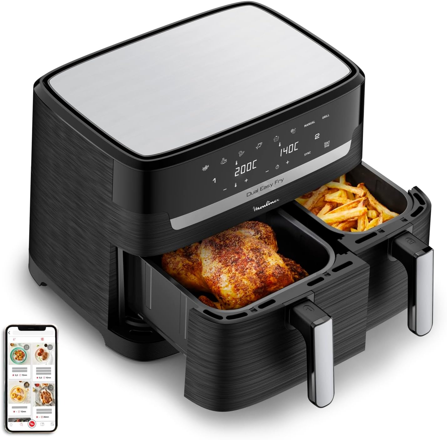 Friteuse à Air Moulinex Dual Easy Fry & Grill - Inox, 2 Tiroirs - Le ...