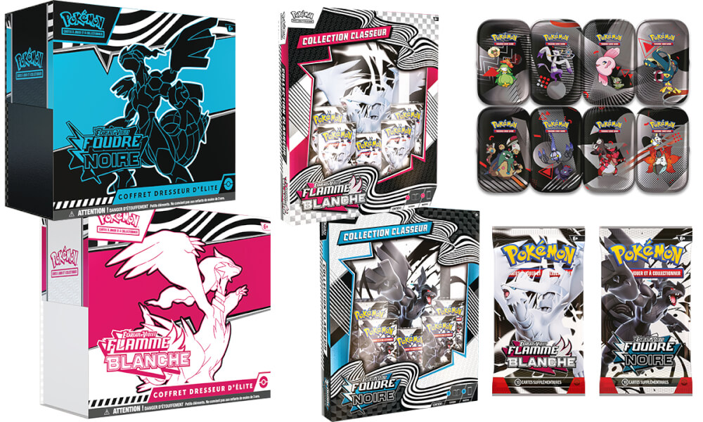 Visuels des premiers coffrets Pokémon EV10.5 Foudre Noire et Flamme Blanche disponibles en juillet 2025