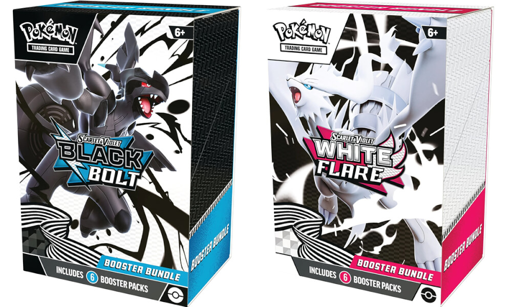 Visuels des coffrets Pokémon EV10.5 Bundle Lot de 6 Boosters Pokémon Foudre Noire et Flamme Blanche (en anglais ici)