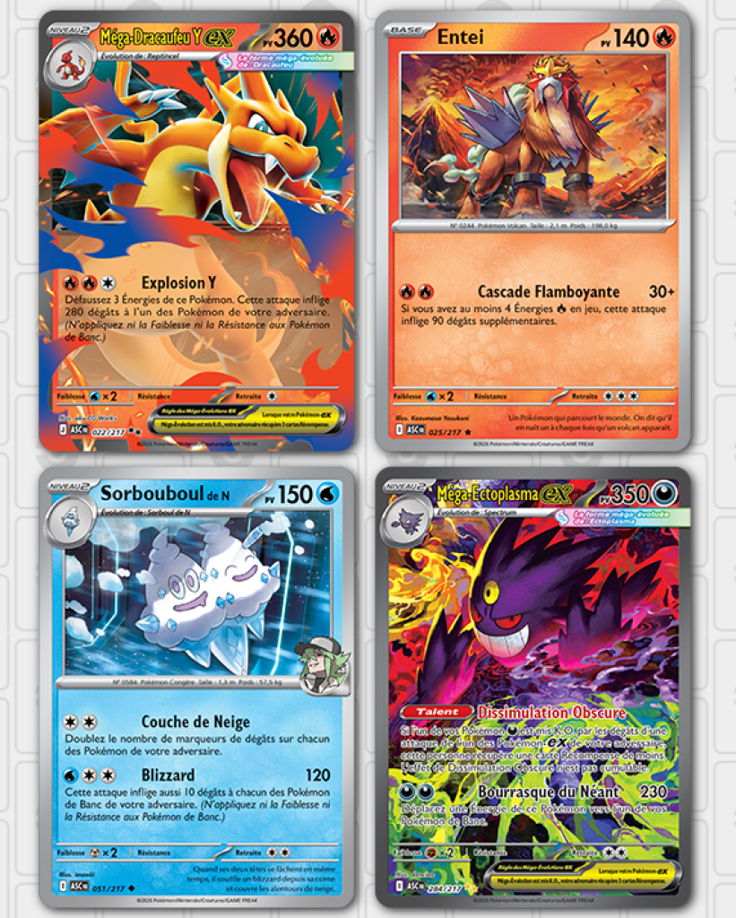 Exemples de cartes Pokémon inclues dans JCC Pokémon ME2.5 Héros Transcendants