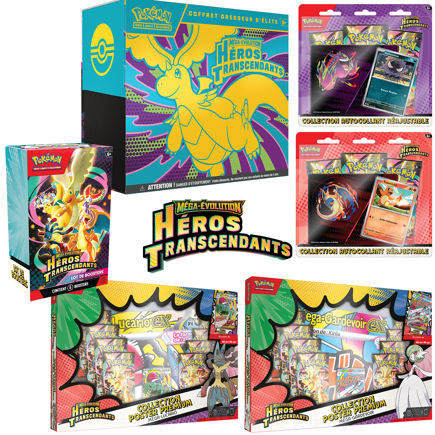 Visuels des coffrets Pokémon de l'extension ME2.5 Méga-Évolution – Héros Transcendants