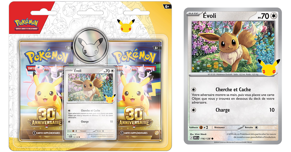 Contenu, visuel et liens pour commander le duopack 2 boosters Évoli 30ème anniversaire Pokémon