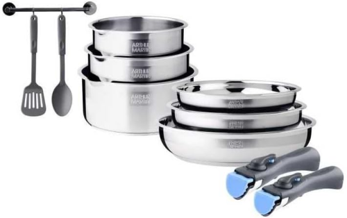 Arthur Martin – Batterie de cuisine induction en Inox –   10 pièces – Poignée amovible