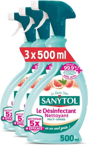 (-50%) Lot de 3 x 500 ml spray Sanytol – Désinfectant nettoyant Multi-Usages – Parfum pamplemousse