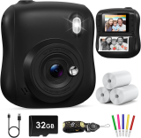 Appareil Photo instantané Enfant avec carte de 32Go & 3 rouleaux de papier d&rsquo;impression (Noir ou Rose)