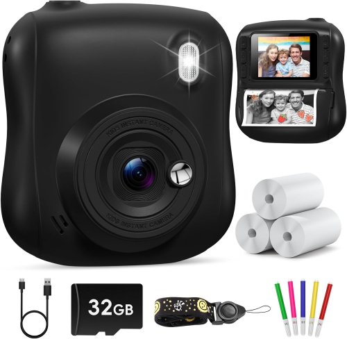 Appareil Photo instantané Enfant avec carte de 32Go & 3 rouleaux de papier d&rsquo;impression (Noir ou Rose)