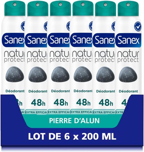 Lot de 6 x 200 ml SANEX -Déodorant spray Natur Protect Pierre d’Alun Extra Efficacy 48 h