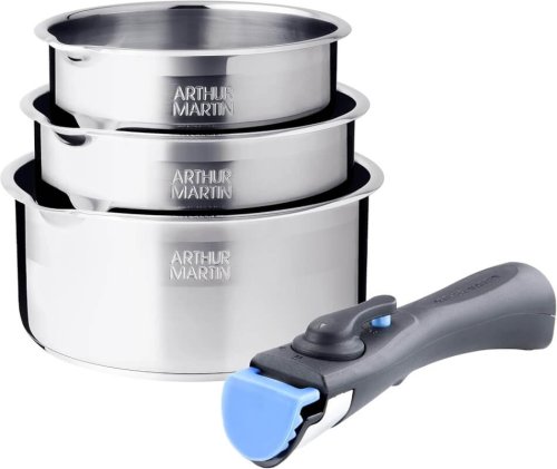 Arthur Martin – Lot de 3 casseroles inox manche amovible