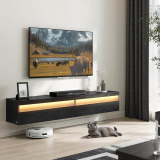 VASAGLE Kailyn Collection – Meuble TV Suspendu 178 x 35 x 30 cm avec multiprise intégrée, Noir Boisé