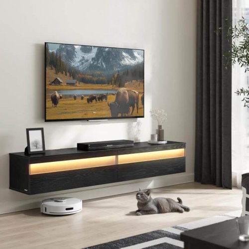 VASAGLE Kailyn Collection – Meuble TV Suspendu 178 x 35 x 30 cm avec multiprise intégrée, Noir Boisé