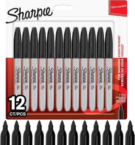 Sharpie – 12 marqueurs indélébiles (pointe fine, encre noir permanent)