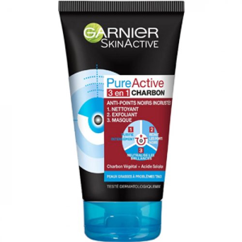 Garnier SkinActive – Nettoyant 3 en 1 Charbon Anti-Points Noirs Incrustés PureActive- 150 ml à 2,84€