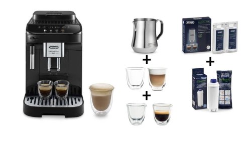 DELONGHI Magnifica Evo Machine à café avec broyeur1,8L + 2 tasses Capuccino + 2 verres expresso + Pichet à lait + Filtre à eau + Détartrant