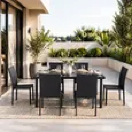 Ensemble repas de jardin – AKELA – Plateau verre trempé – 160×80 cm + 6 chaises résine tressée