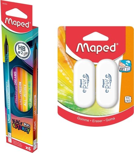 Maped –  6 crayons à papier triangulaires BLACK&rsquo;PEPS ENERGY +  2 gommes Epure
